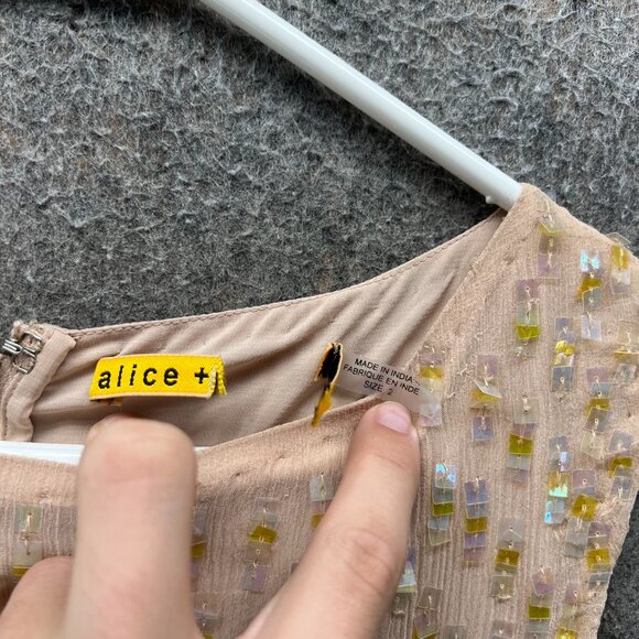 Alice + Olivia Dress Women 2 Nude Yellow Sequin Beaded Sleeveless Shift Cocktail - Picture 8 of 11